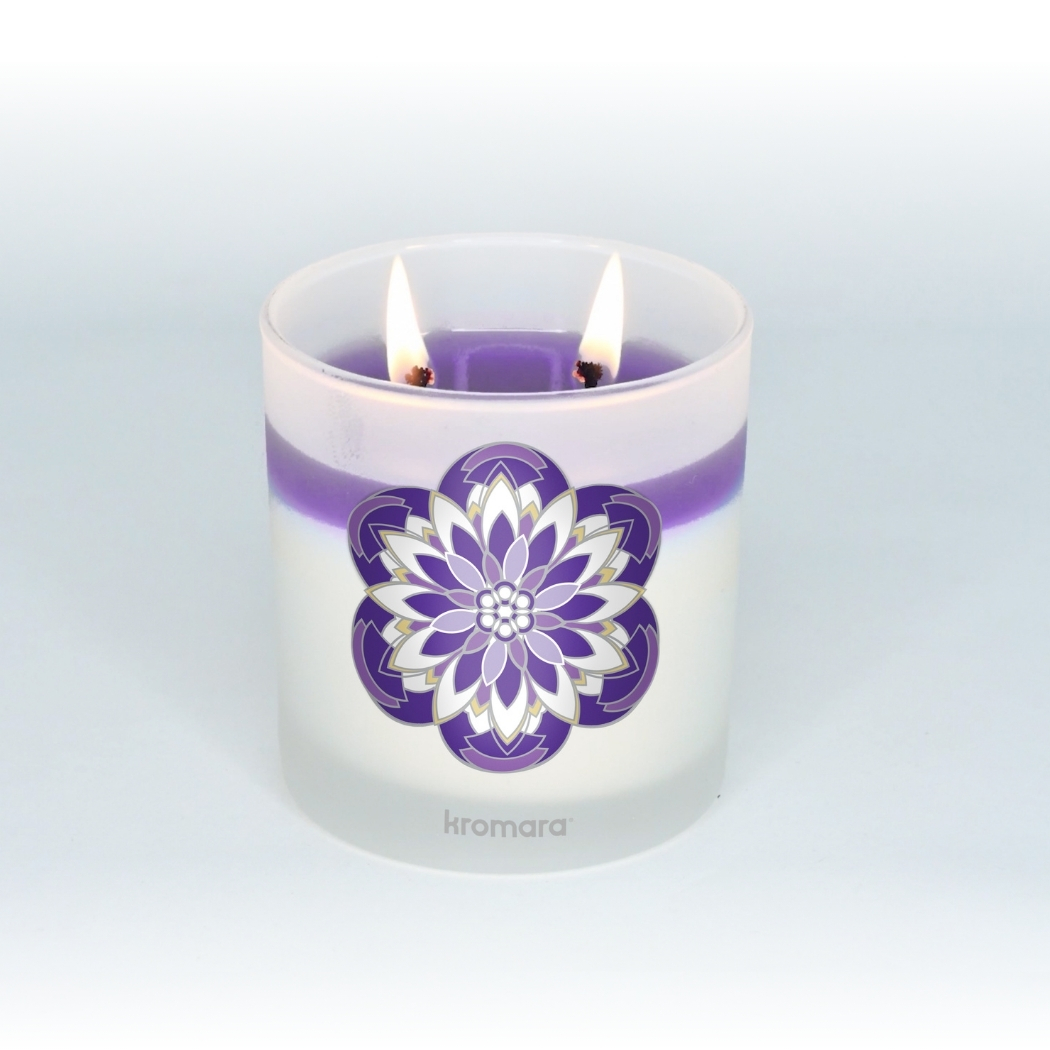 Kromara Violet Meadows 8oz candle, lit, full wax pool