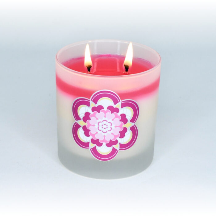 Valentines day color changing candle, lit, full wax pool