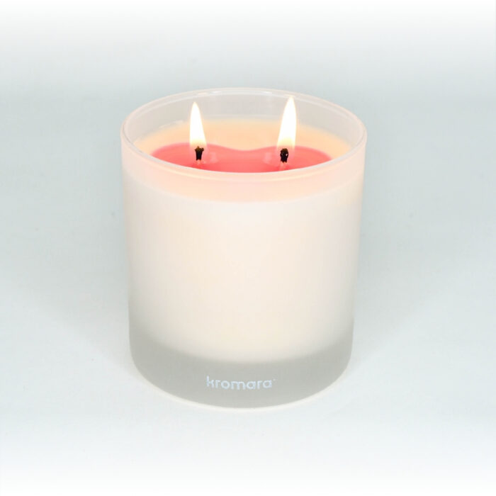 Kromara Color Changing Candle Patagonia, lit, partial wax pool