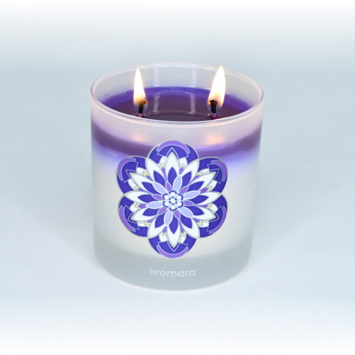 Kromara Color Changing Candle Violet Meadows, lit, full wax pool