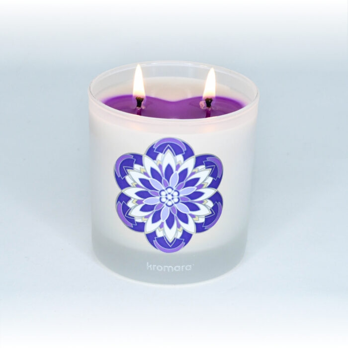 Kromara Color Changing Candle Violet Meadows, lit, partial wax pool