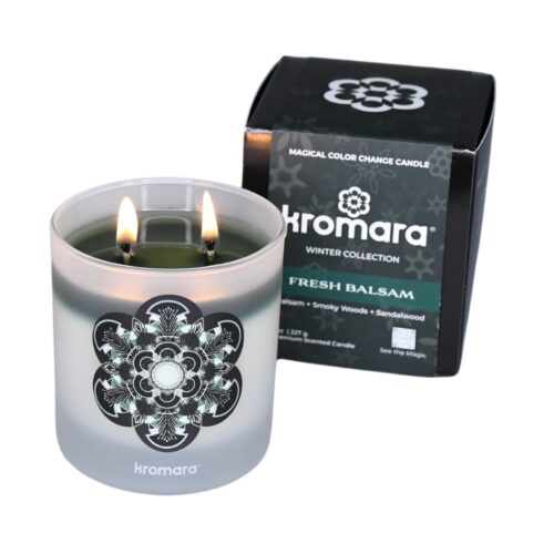 Kromara Winter Collection Fresh Balsam Candle, lit, with lid