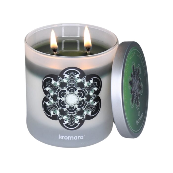 Kromara Winter Collection Fresh Balsam Candle, lit, with lid