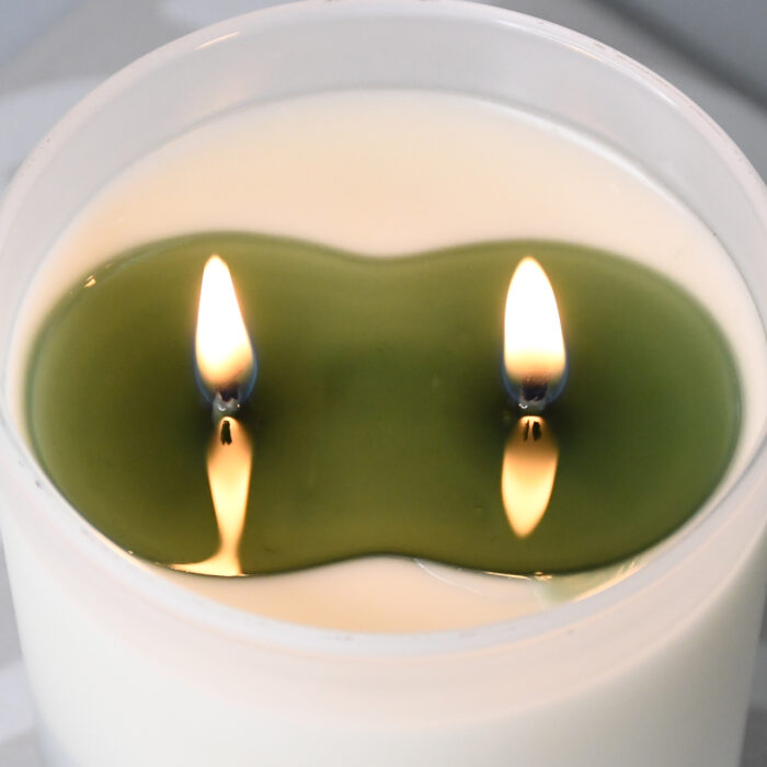 Kromara Winter Collection Fresh Balsam Candle, lit closeup